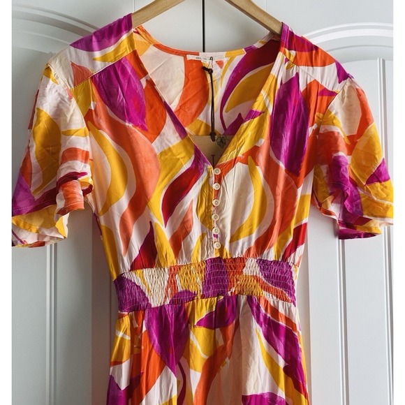 NWT Abel the Label Anthropologie‎ Swish Hi Lo Dress Orange Pink Smocking Size XS - Picture 3 of 10